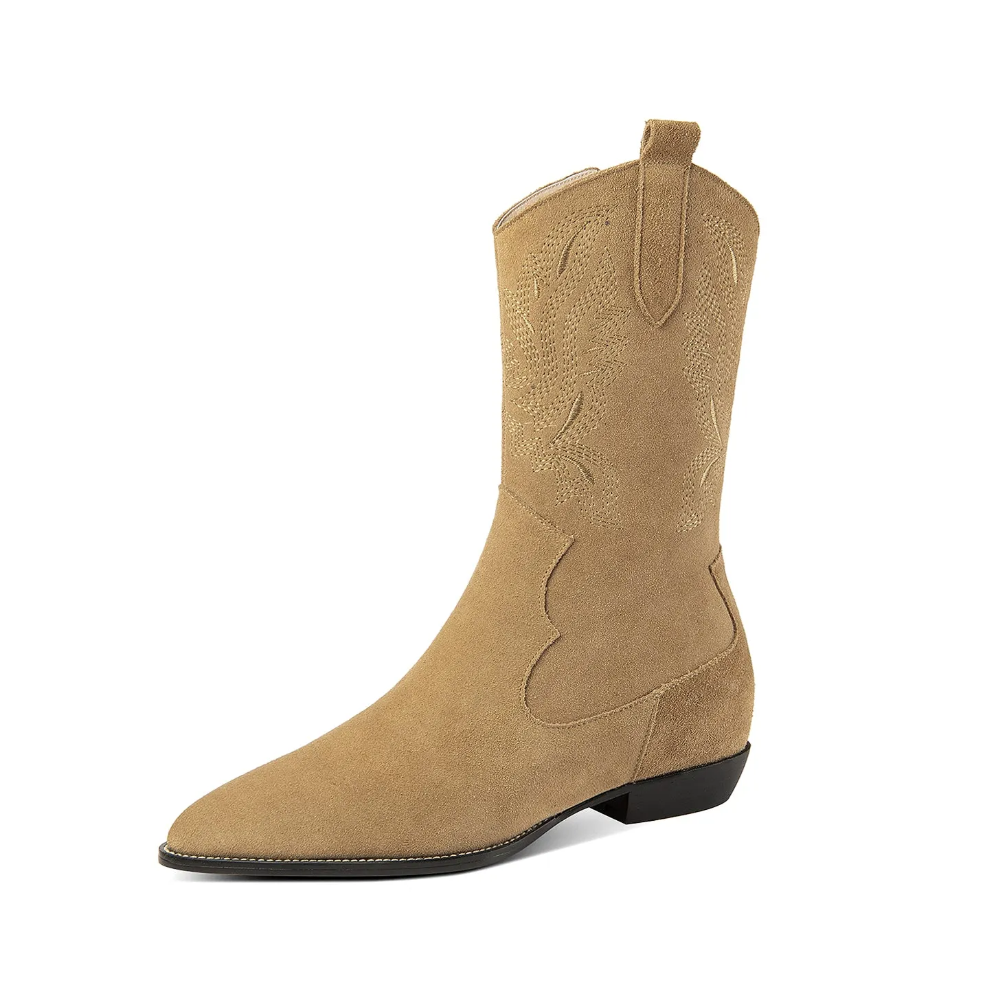TinaCus Handmade Women's Pointed Toe Suede Leather Block Heel Side Zip Up Mid-Calf Boots