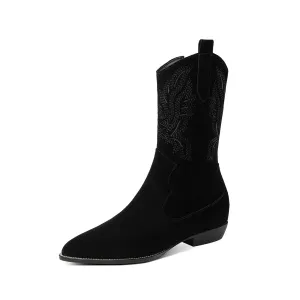 TinaCus Handmade Women's Pointed Toe Suede Leather Block Heel Side Zip Up Mid-Calf Boots