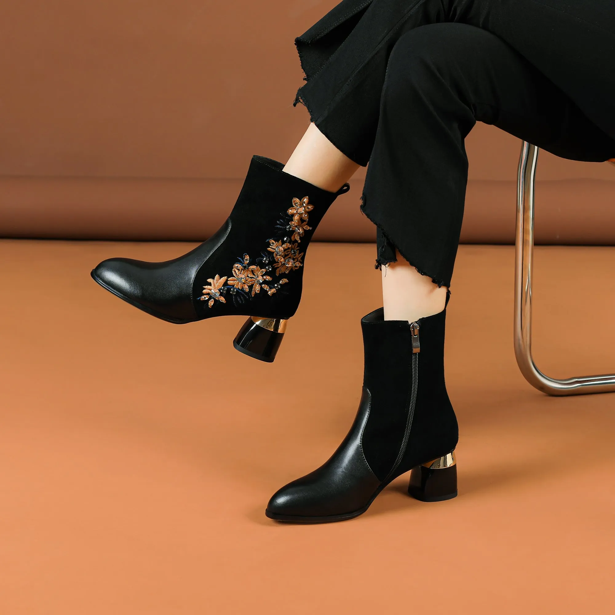 TinaCus Handmade Women's Suede Leather Stitching Ethnic Embroidered Floral Round Toe Mid Chunky Heel Side Zipper Ankle Boots