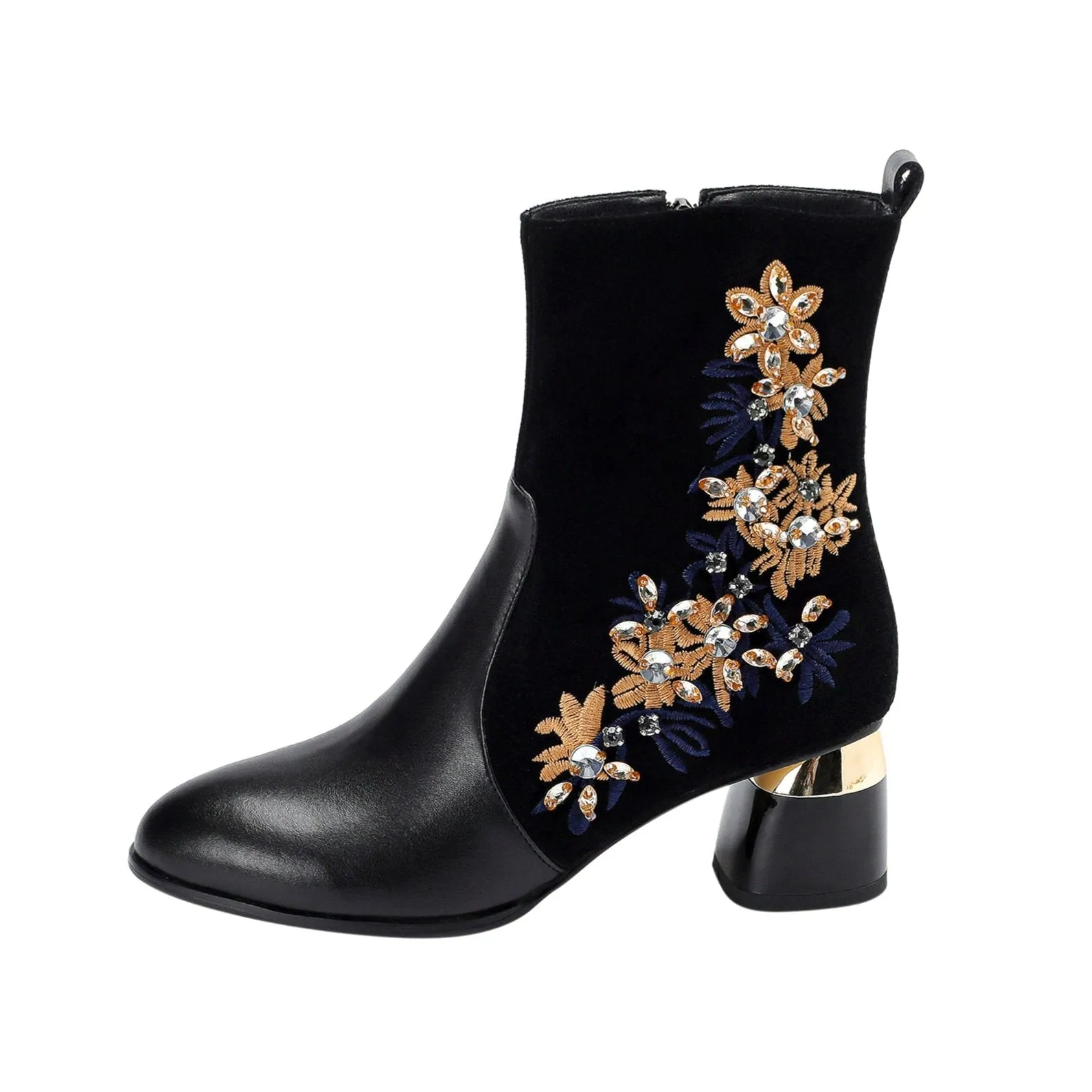 TinaCus Handmade Women's Suede Leather Stitching Ethnic Embroidered Floral Round Toe Mid Chunky Heel Side Zipper Ankle Boots