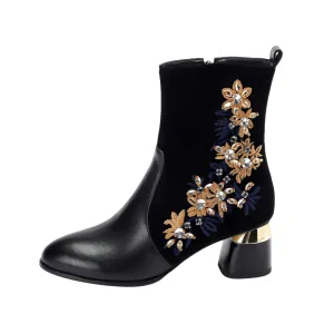 TinaCus Handmade Women's Suede Leather Stitching Ethnic Embroidered Floral Round Toe Mid Chunky Heel Side Zipper Ankle Boots