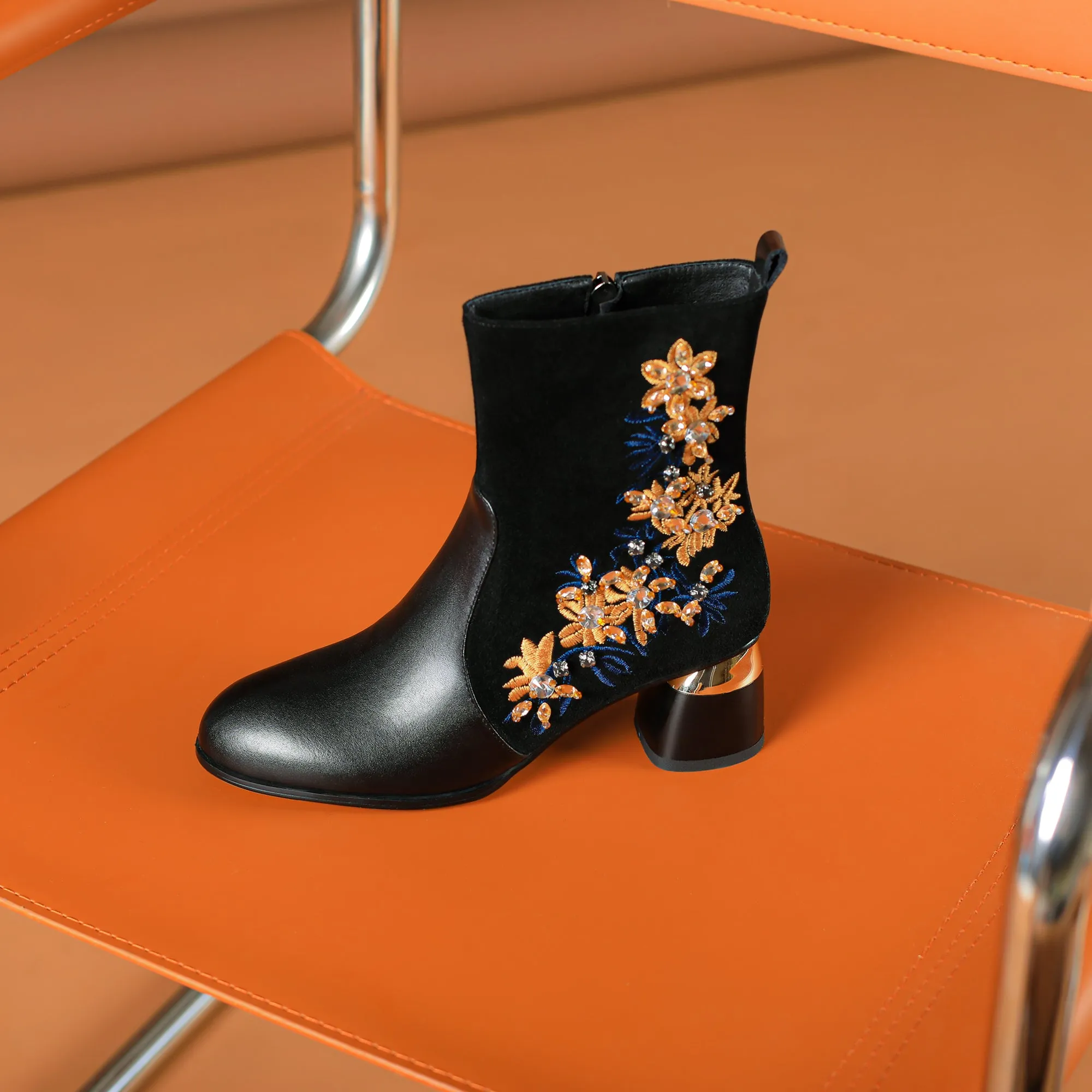 TinaCus Handmade Women's Suede Leather Stitching Ethnic Embroidered Floral Round Toe Mid Chunky Heel Side Zipper Ankle Boots