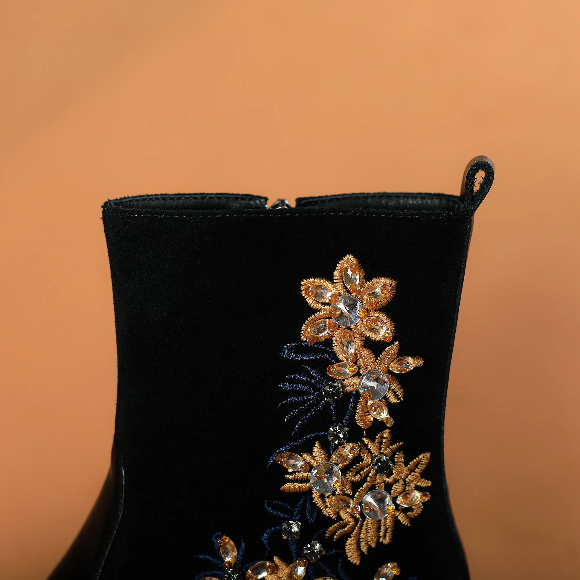 TinaCus Handmade Women's Suede Leather Stitching Ethnic Embroidered Floral Round Toe Mid Chunky Heel Side Zipper Ankle Boots