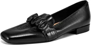 TinaCus Women's Genuine Leather Square Toe Plitated Slip-on Handmade Chunky Heel Loafers Flats