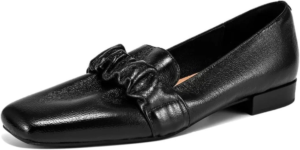 TinaCus Women's Genuine Leather Square Toe Plitated Slip-on Handmade Chunky Heel Loafers Flats
