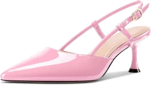 TNYNFBEB Womens Close Pointed Toe Mid Kitten Heel Pumps Shoes Slip-on Slingback Buckle Prom Party Dress Basic Classic Patent Leather 2.6 Inches Heels