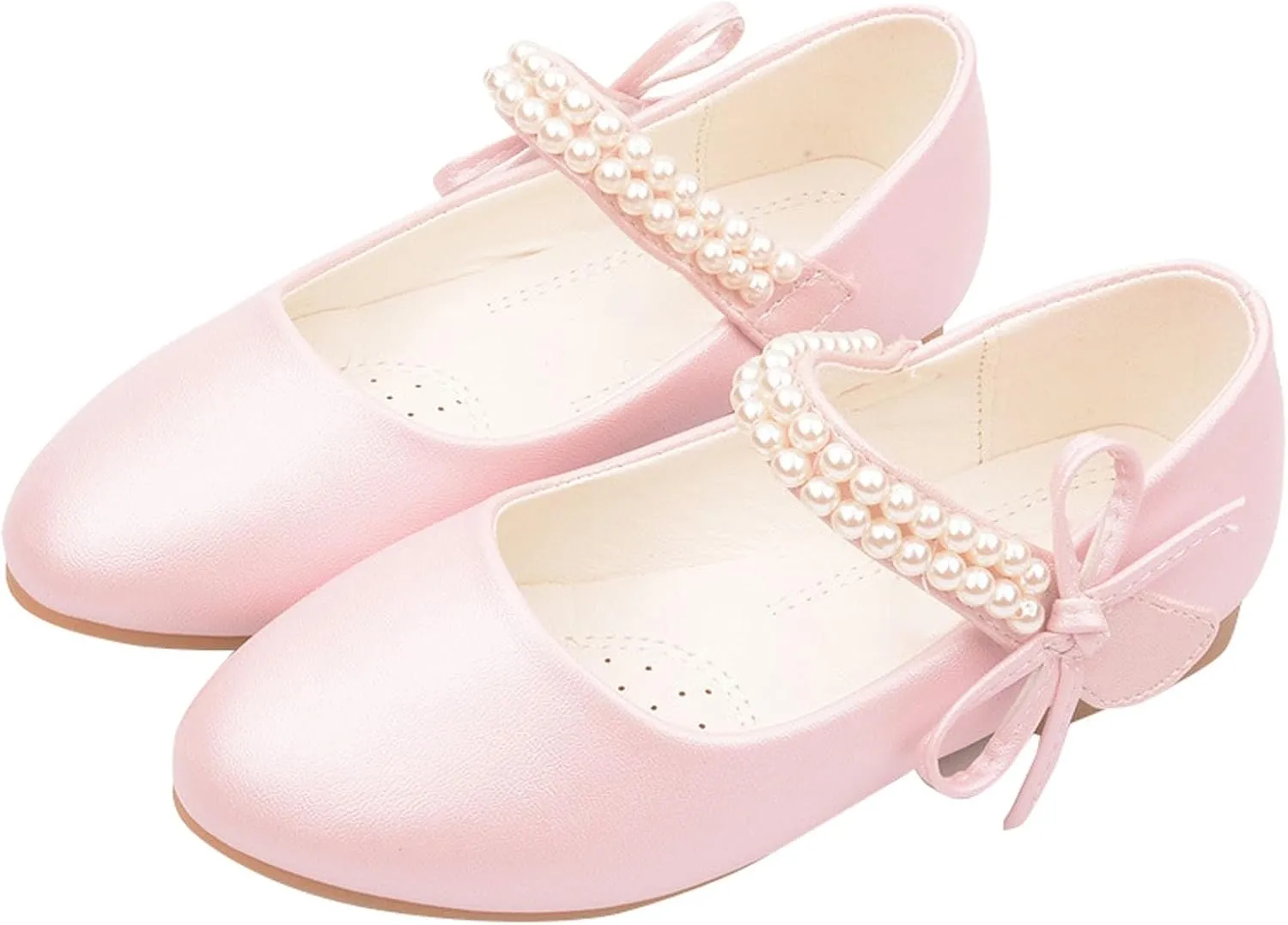 Toddler Flower Girls Dress Shoes, Mary Jane Princess Ballet Flat with Bow and Peals for Party School Wedding Baby Shoes