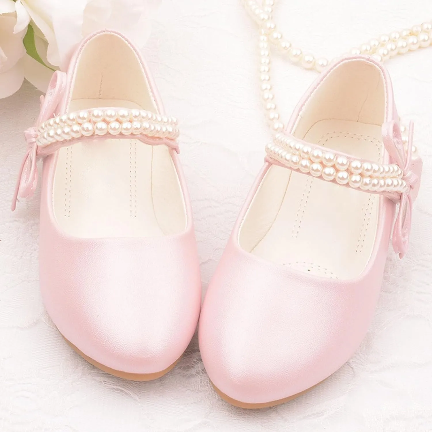 Toddler Flower Girls Dress Shoes, Mary Jane Princess Ballet Flat with Bow and Peals for Party School Wedding Baby Shoes