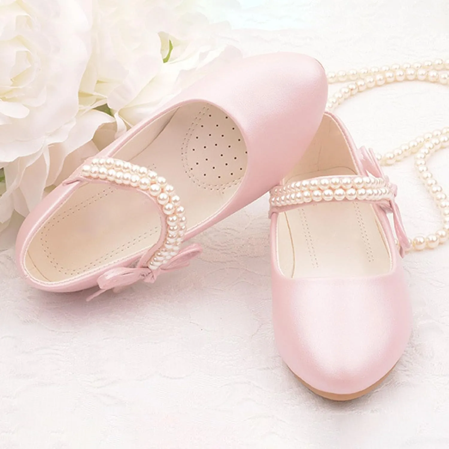 Toddler Flower Girls Dress Shoes, Mary Jane Princess Ballet Flat with Bow and Peals for Party School Wedding Baby Shoes
