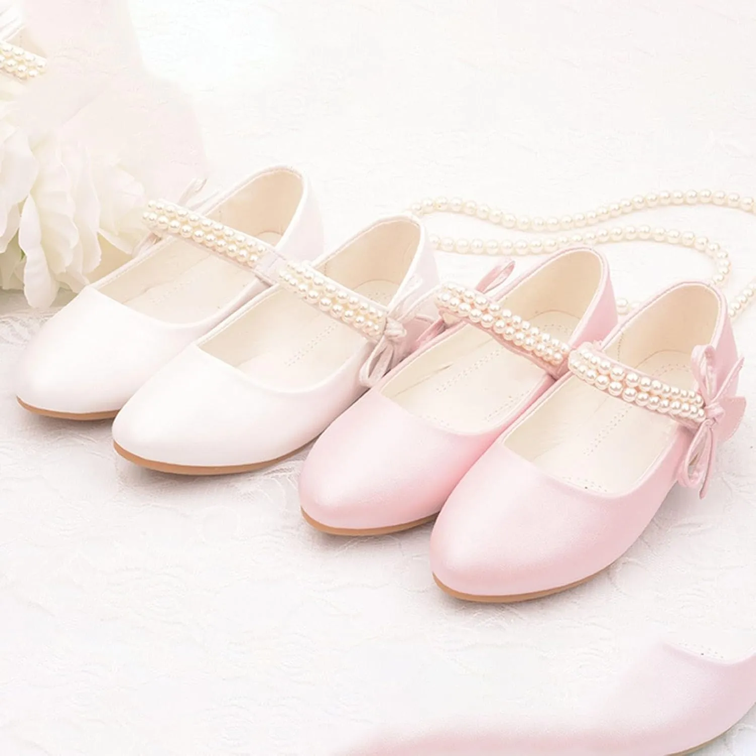 Toddler Flower Girls Dress Shoes, Mary Jane Princess Ballet Flat with Bow and Peals for Party School Wedding Baby Shoes