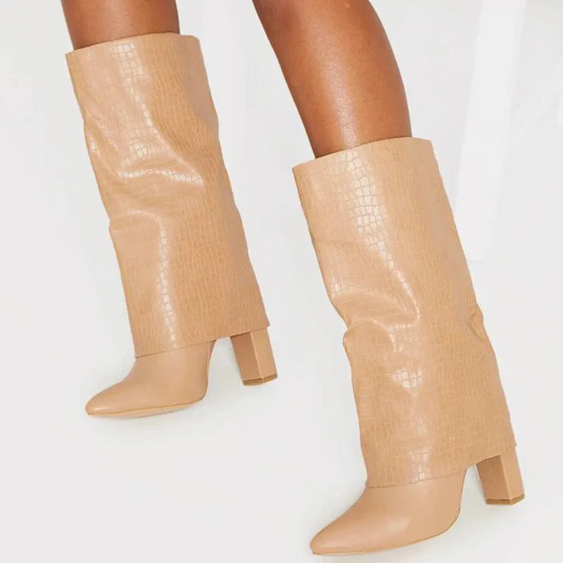 Trend4us Women's Leather Croc-Embossed Mid-Calf Boots