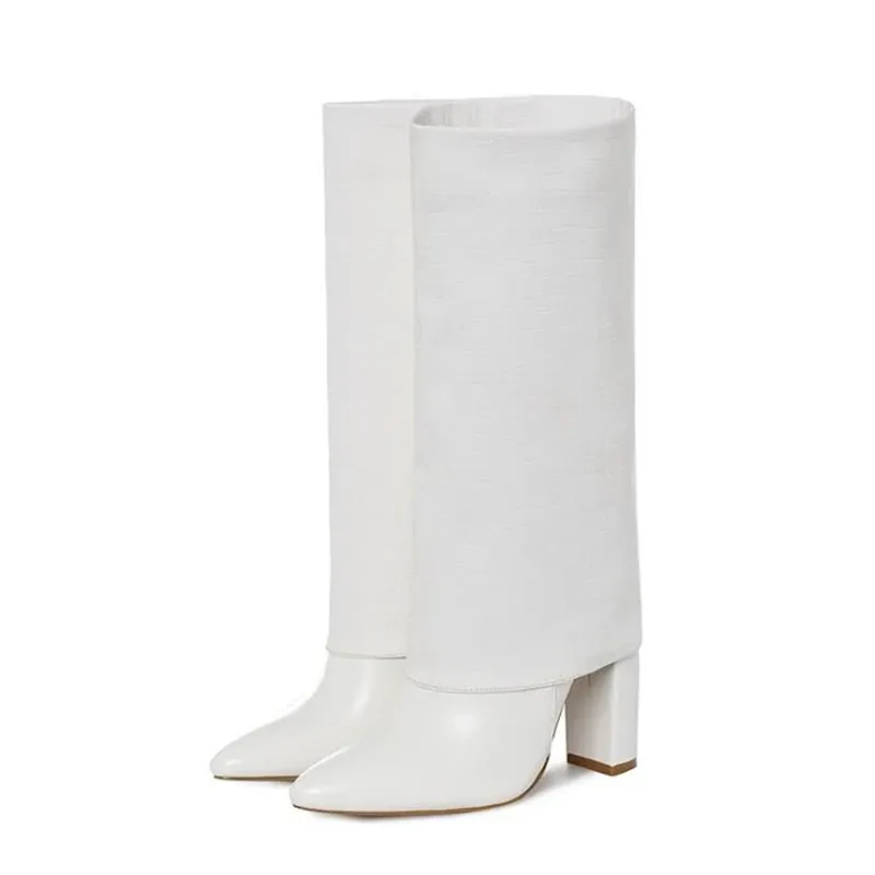 Trend4us Women's Leather Croc-Embossed Mid-Calf Boots
