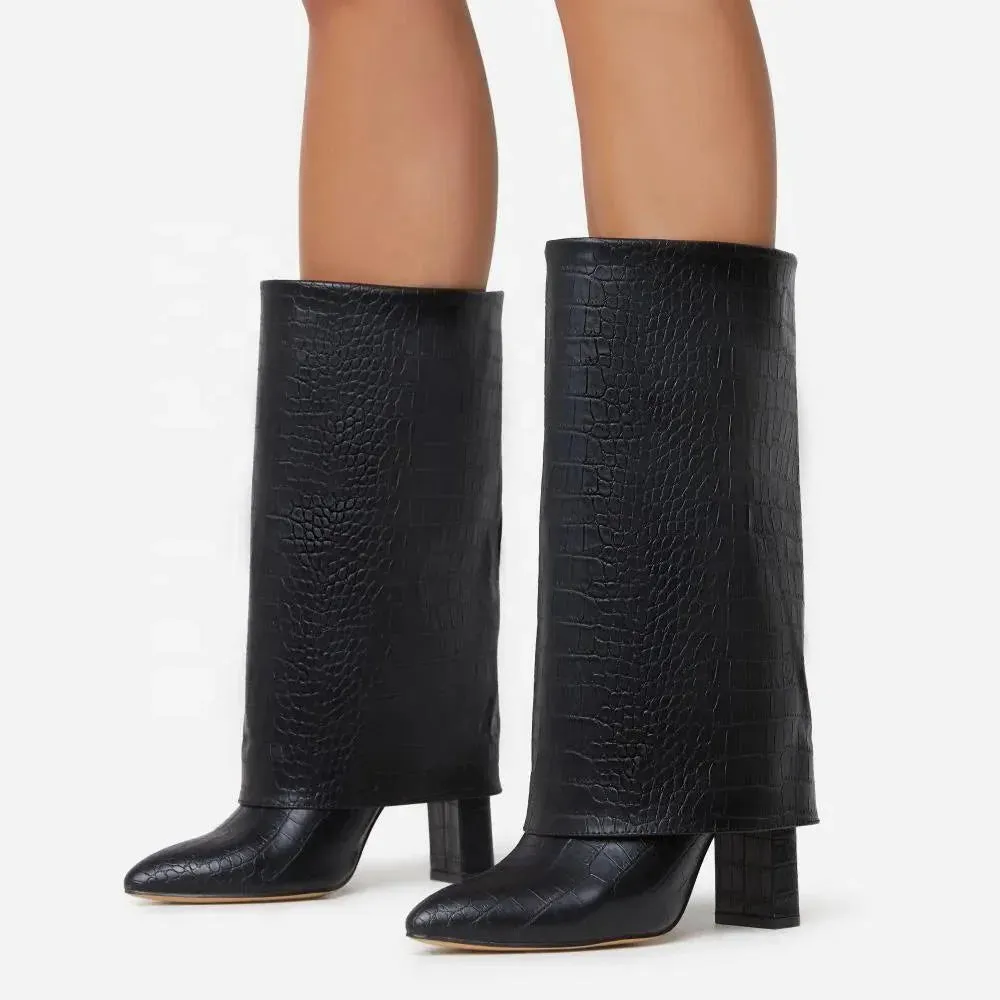 Trend4us Women's Leather Croc-Embossed Mid-Calf Boots