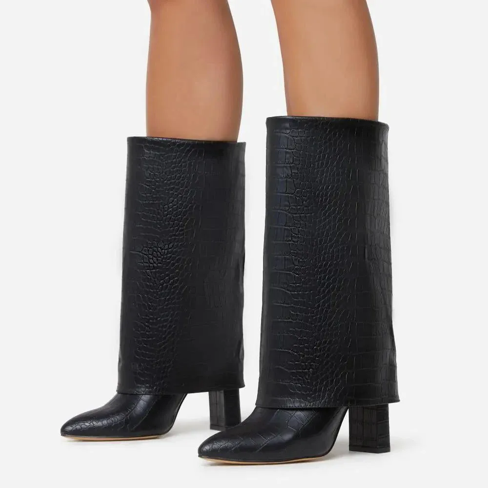 Trend4us Women's Leather Croc-Embossed Mid-Calf Boots