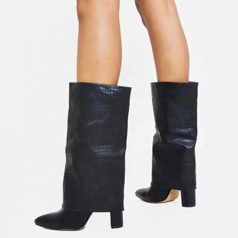 Trend4us Women's Leather Croc-Embossed Mid-Calf Boots