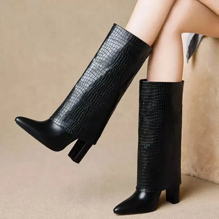 Trend4us Women's Leather Croc-Embossed Mid-Calf Boots