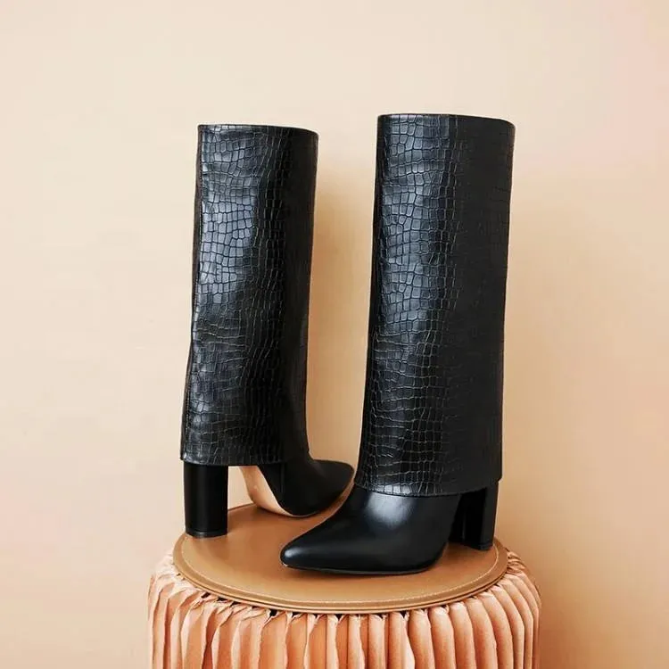 Trend4us Women's Leather Croc-Embossed Mid-Calf Boots