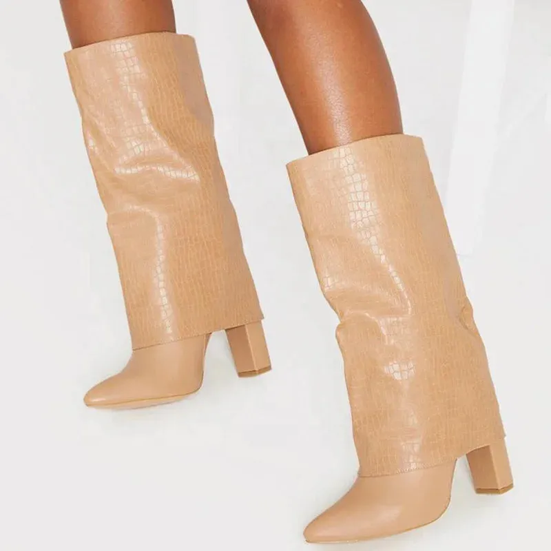 Trend4us Women's Leather Croc-Embossed Mid-Calf Boots