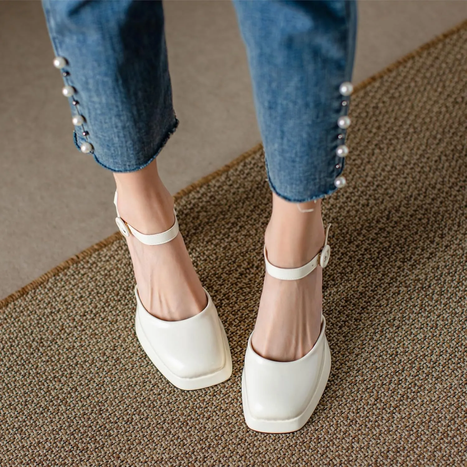 Uniquelly Womens Mary Janes Pumps Closed Toe Sandals Square Toe High Heels Adjustable Buckle Chunky Shoes Ankle Strap Dress Party Shoes