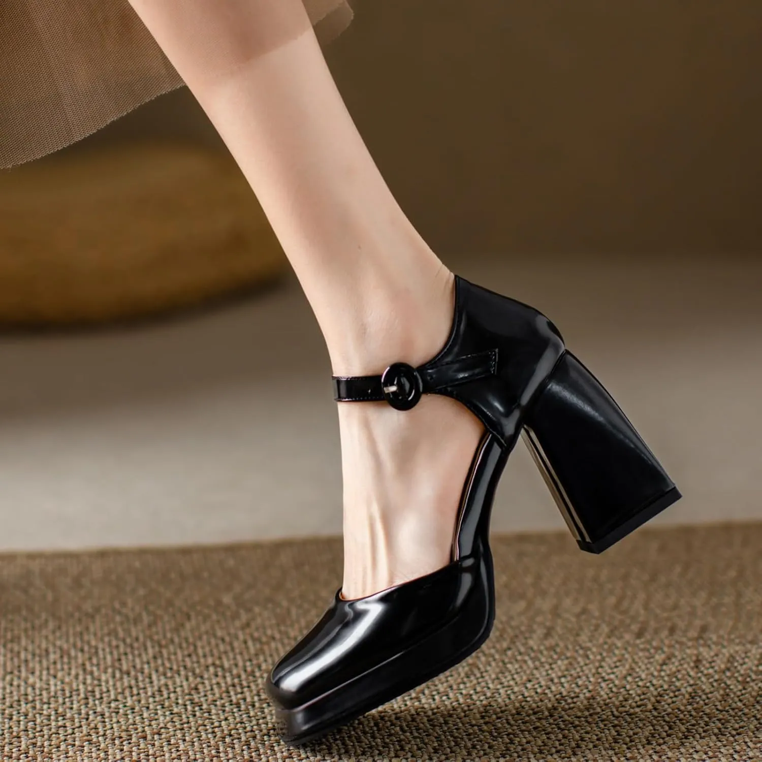 Uniquelly Womens Mary Janes Pumps Closed Toe Sandals Square Toe High Heels Adjustable Buckle Chunky Shoes Ankle Strap Dress Party Shoes