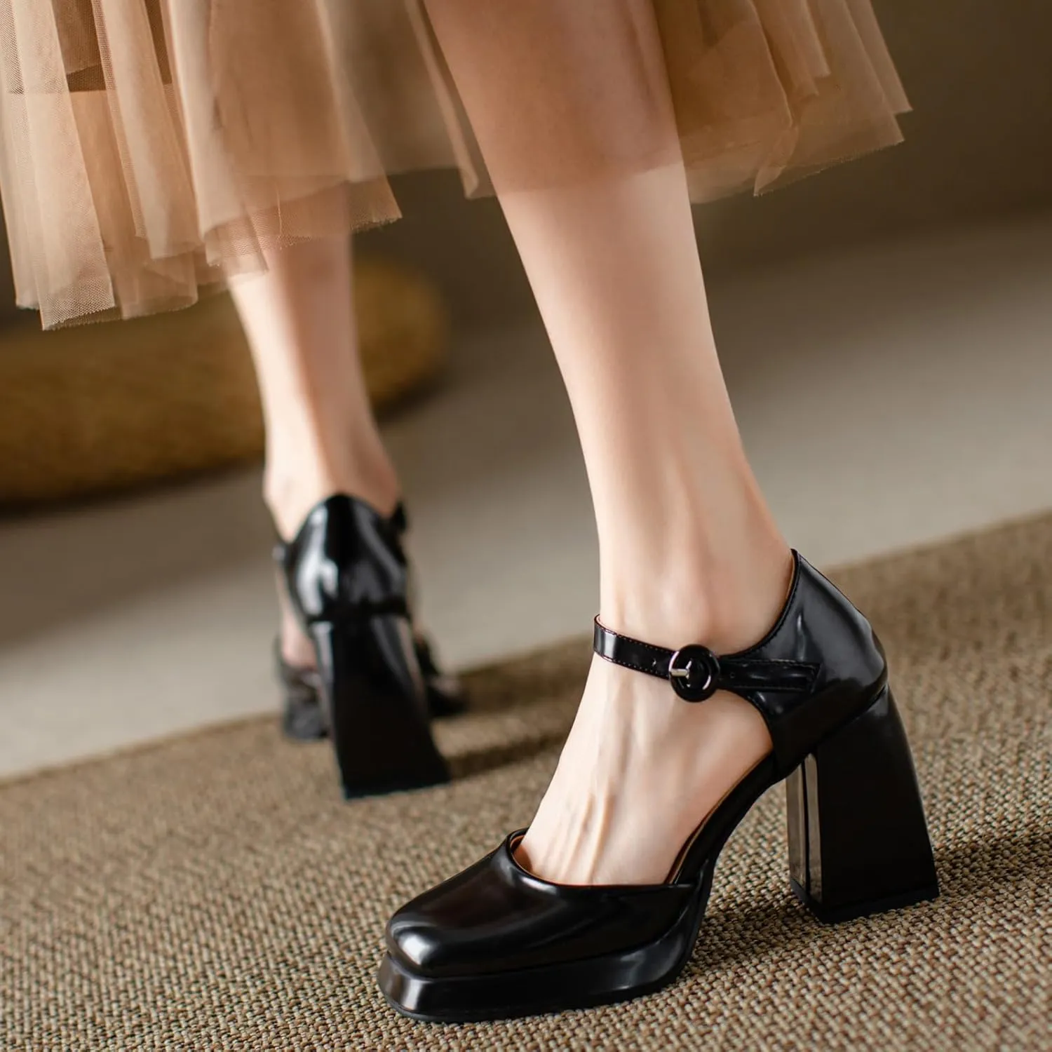 Uniquelly Womens Mary Janes Pumps Closed Toe Sandals Square Toe High Heels Adjustable Buckle Chunky Shoes Ankle Strap Dress Party Shoes