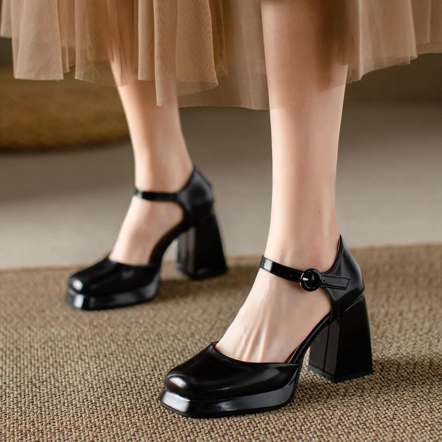 Uniquelly Womens Mary Janes Pumps Closed Toe Sandals Square Toe High Heels Adjustable Buckle Chunky Shoes Ankle Strap Dress Party Shoes