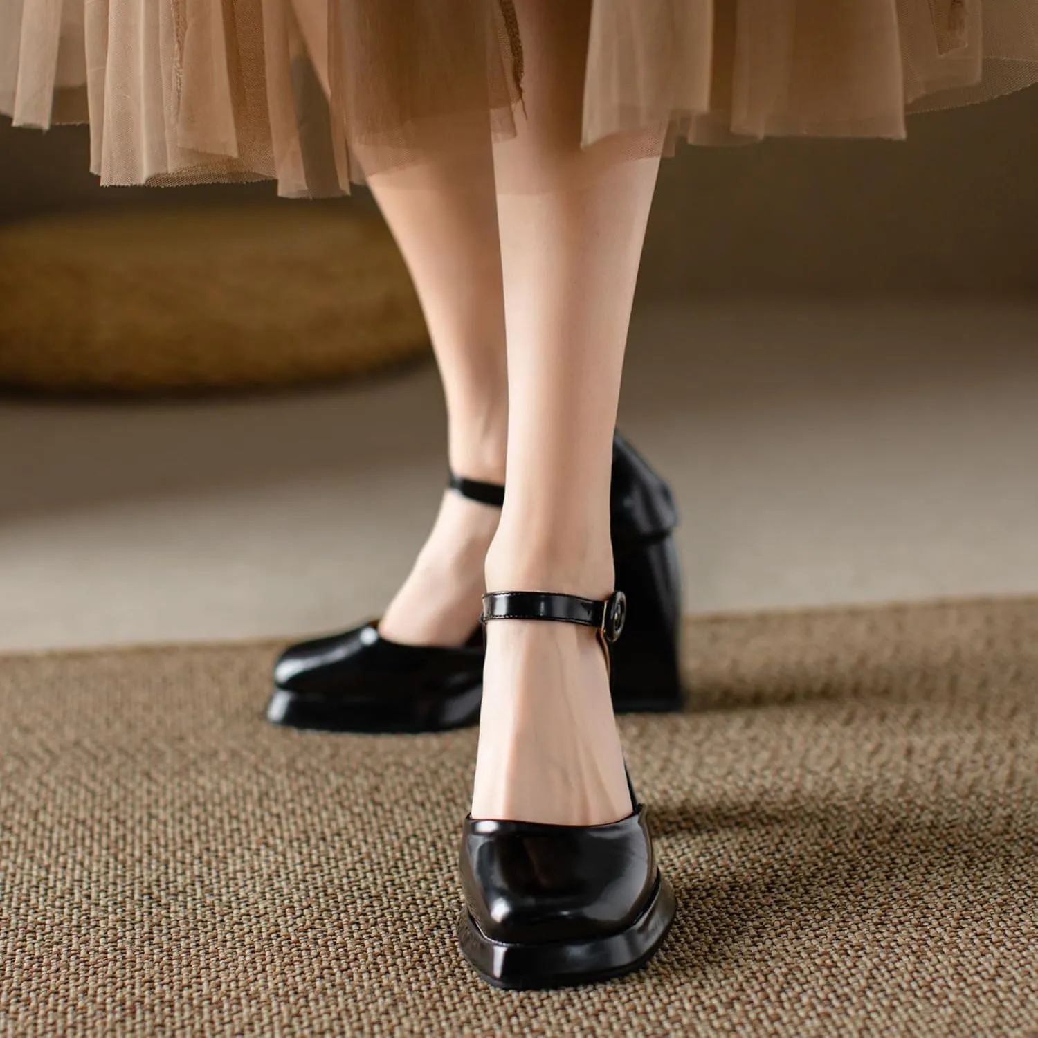 Uniquelly Womens Mary Janes Pumps Closed Toe Sandals Square Toe High Heels Adjustable Buckle Chunky Shoes Ankle Strap Dress Party Shoes