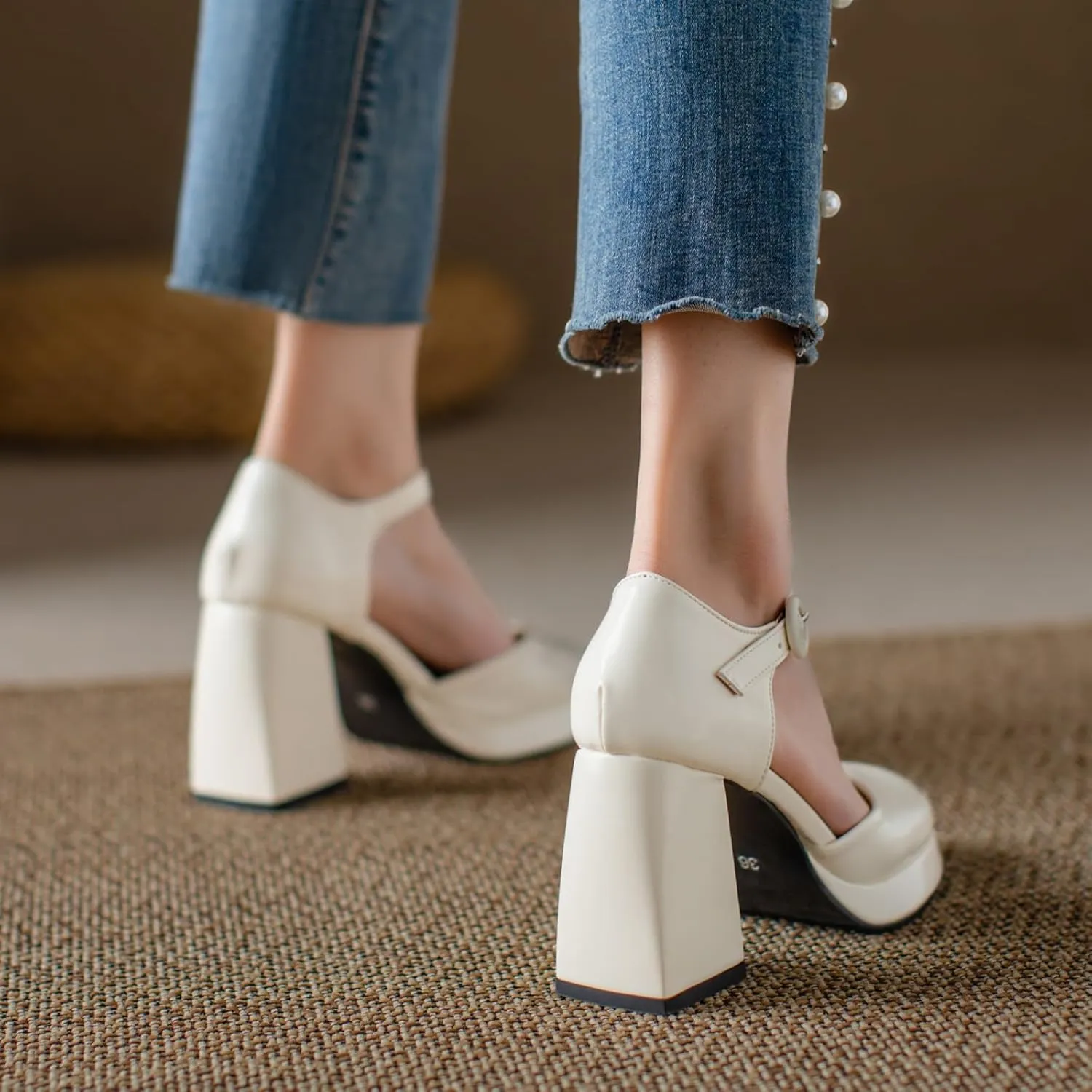 Uniquelly Womens Mary Janes Pumps Closed Toe Sandals Square Toe High Heels Adjustable Buckle Chunky Shoes Ankle Strap Dress Party Shoes