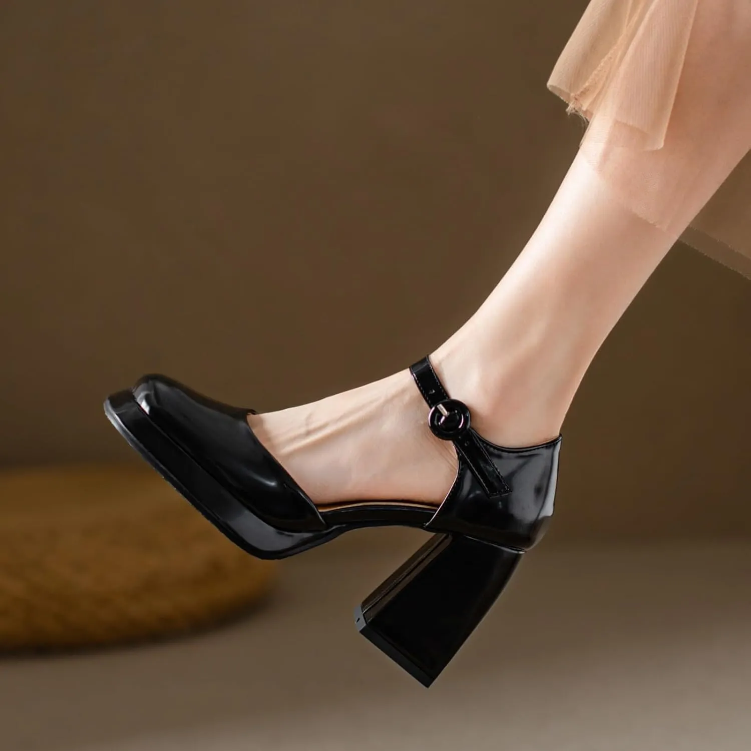 Uniquelly Womens Mary Janes Pumps Closed Toe Sandals Square Toe High Heels Adjustable Buckle Chunky Shoes Ankle Strap Dress Party Shoes