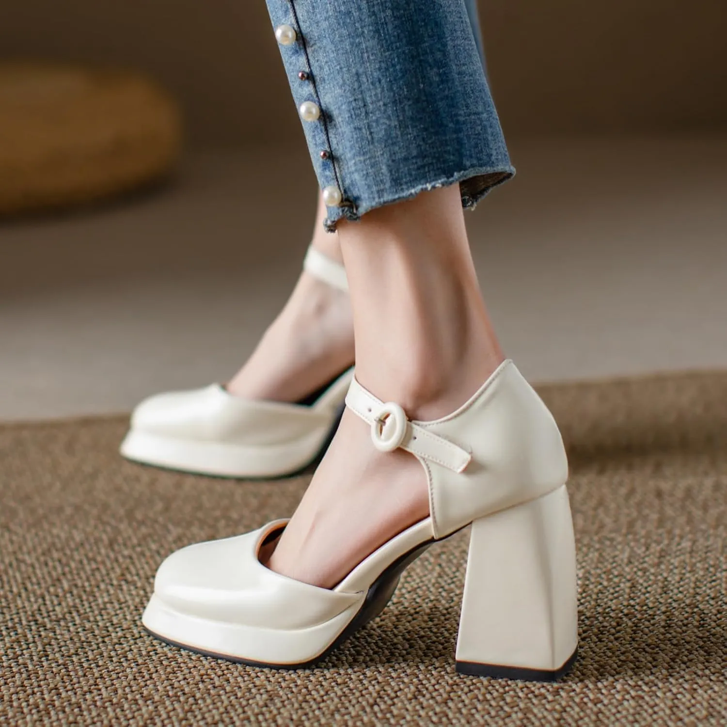 Uniquelly Womens Mary Janes Pumps Closed Toe Sandals Square Toe High Heels Adjustable Buckle Chunky Shoes Ankle Strap Dress Party Shoes