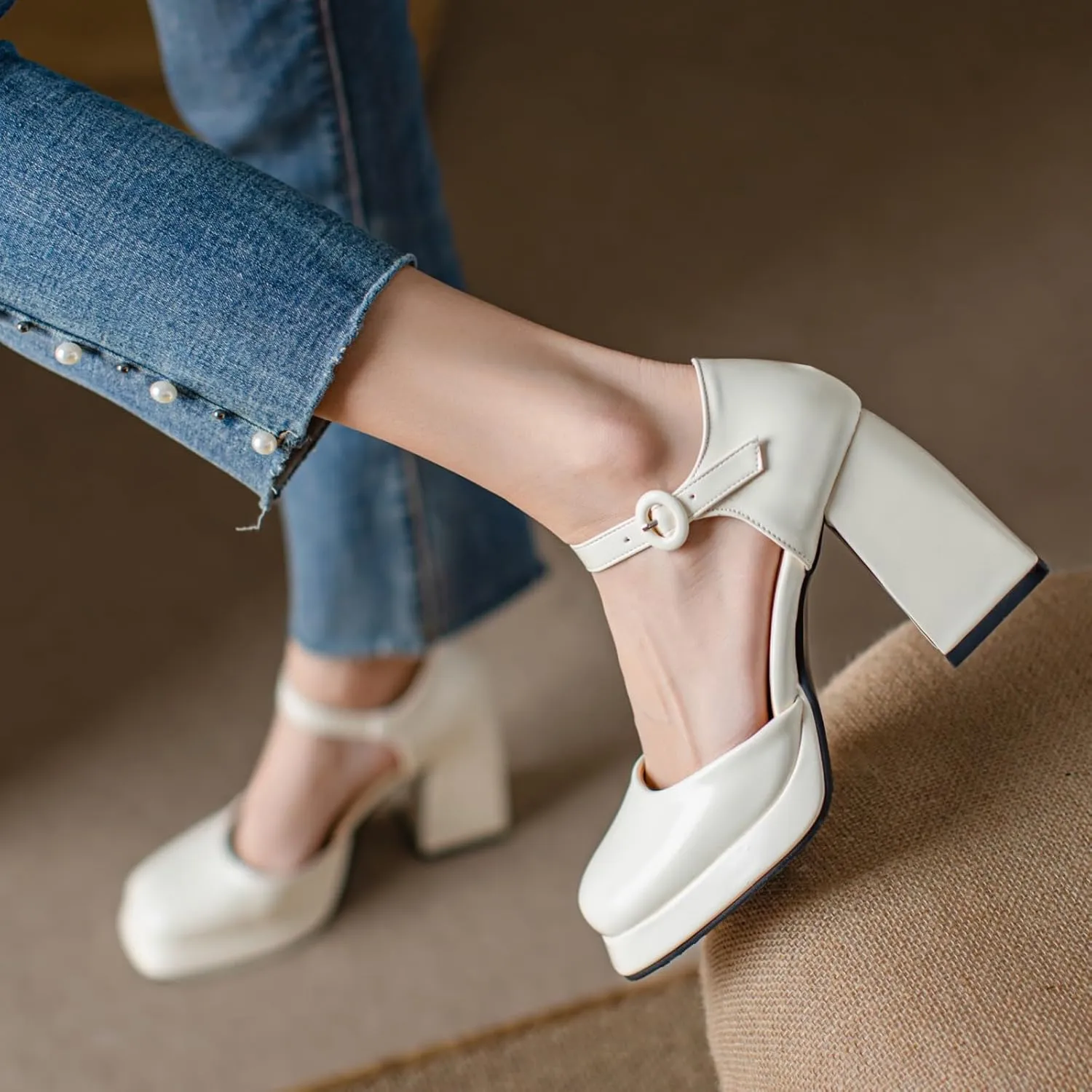 Uniquelly Womens Mary Janes Pumps Closed Toe Sandals Square Toe High Heels Adjustable Buckle Chunky Shoes Ankle Strap Dress Party Shoes