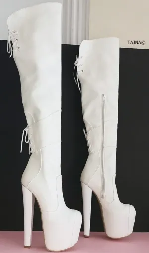 White Chunky Heel Knee High Boots