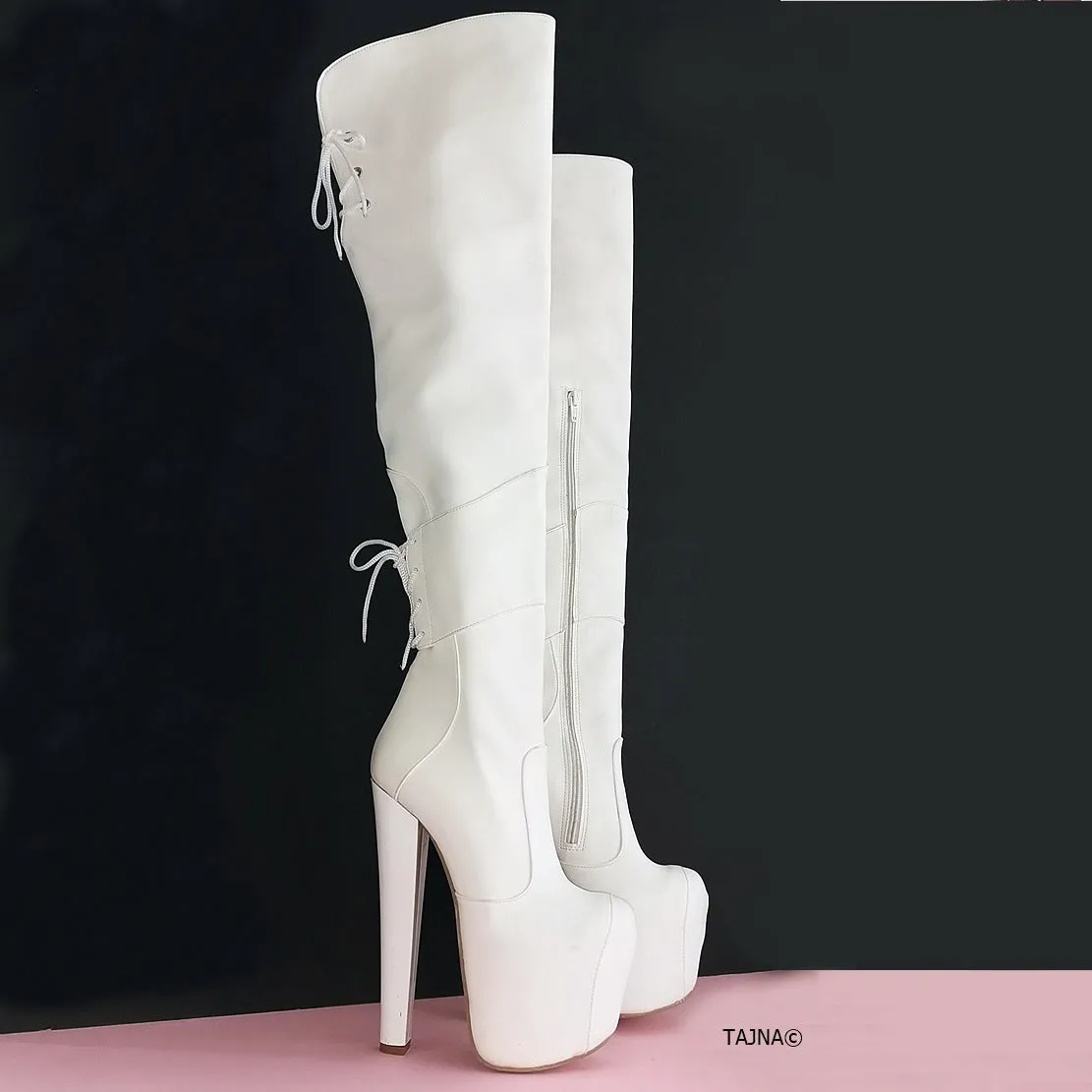 White Chunky Heel Knee High Boots