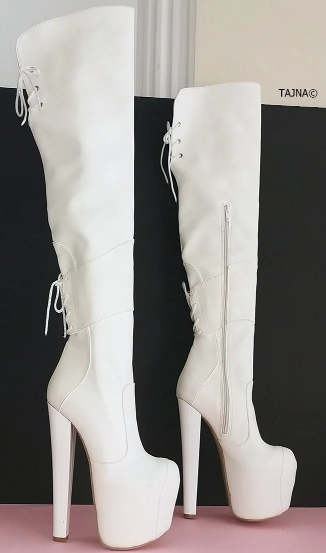 White Chunky Heel Knee High Boots