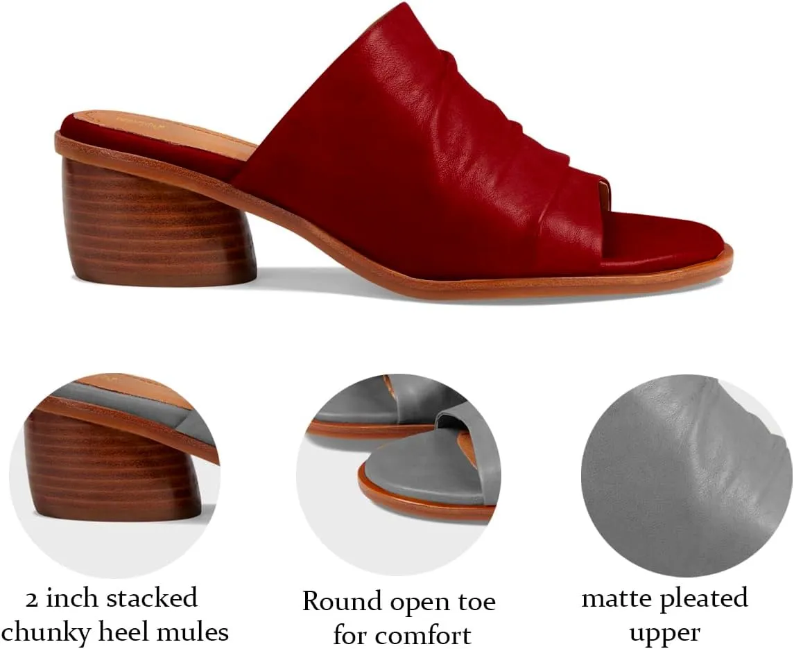 Women Chunky Block Heel Mules Open Toe Slip On Mule Sandals Stacked Heels Mule Shoes Pleated Matte 2 inch Mule Heels Slide Shoes Casual Walking Outdoor Heeled Mules Retro 4-11 M US