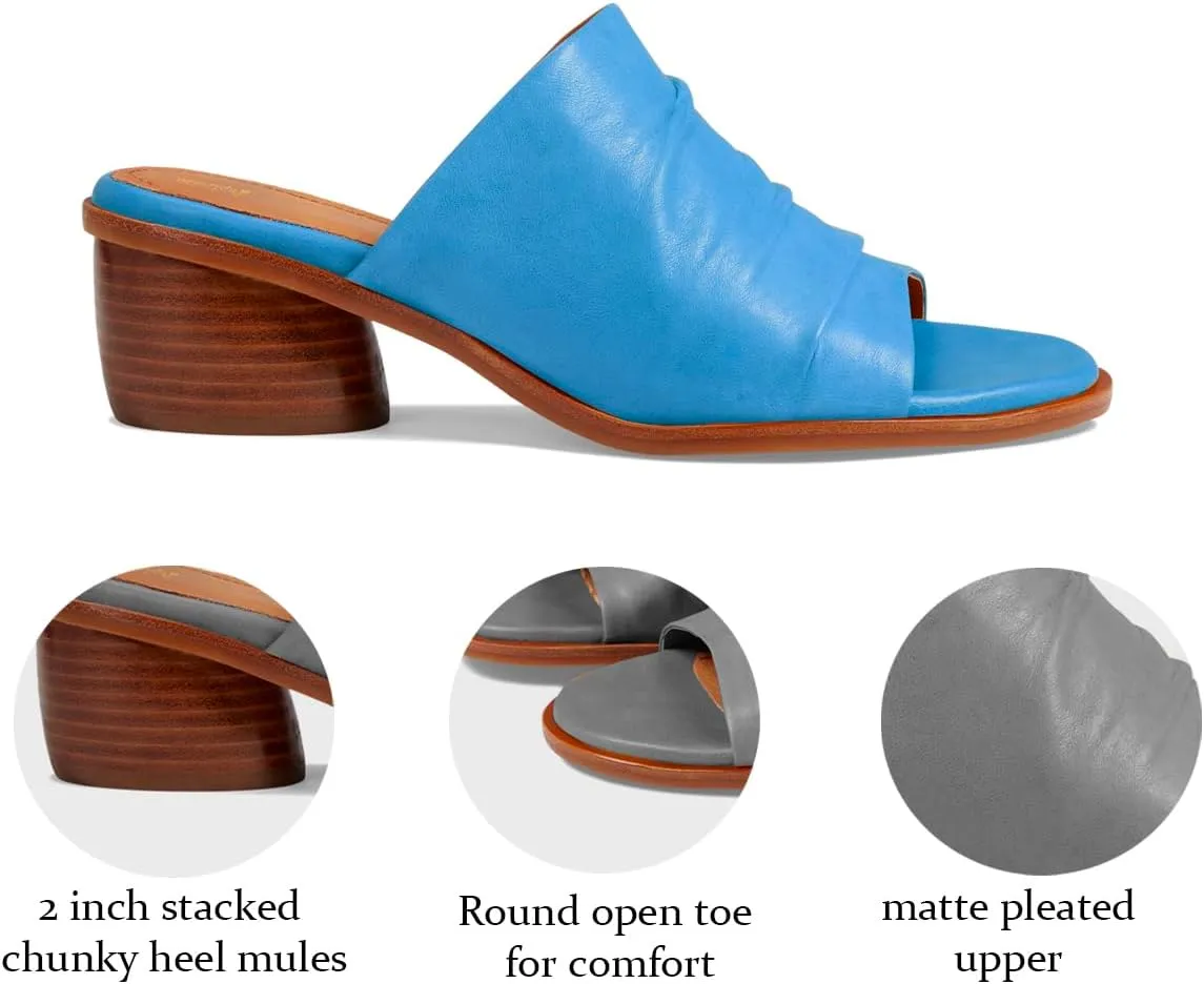 Women Chunky Block Heel Mules Open Toe Slip On Mule Sandals Stacked Heels Mule Shoes Pleated Matte 2 inch Mule Heels Slide Shoes Casual Walking Outdoor Heeled Mules Retro 4-11 M US