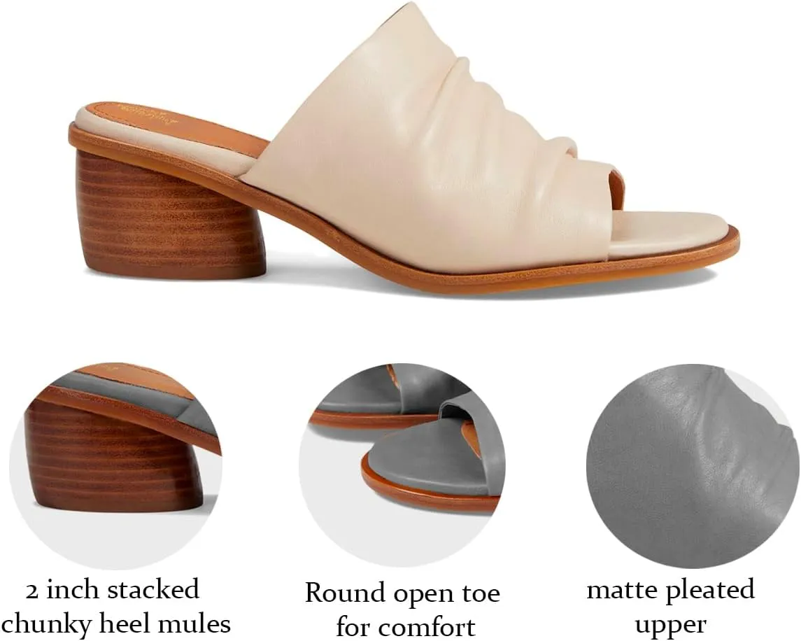 Women Chunky Block Heel Mules Open Toe Slip On Mule Sandals Stacked Heels Mule Shoes Pleated Matte 2 inch Mule Heels Slide Shoes Casual Walking Outdoor Heeled Mules Retro 4-11 M US