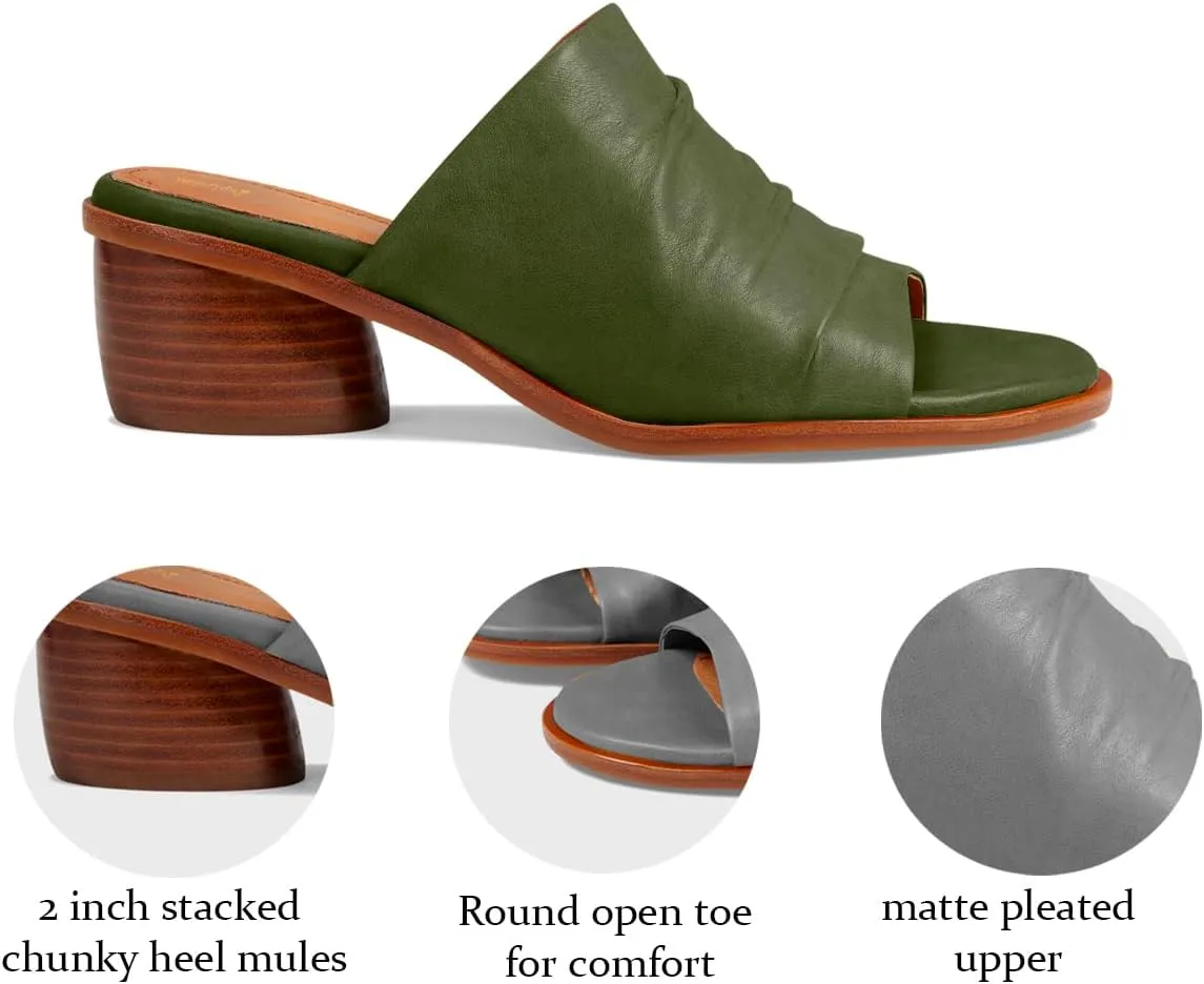 Women Chunky Block Heel Mules Open Toe Slip On Mule Sandals Stacked Heels Mule Shoes Pleated Matte 2 inch Mule Heels Slide Shoes Casual Walking Outdoor Heeled Mules Retro 4-11 M US