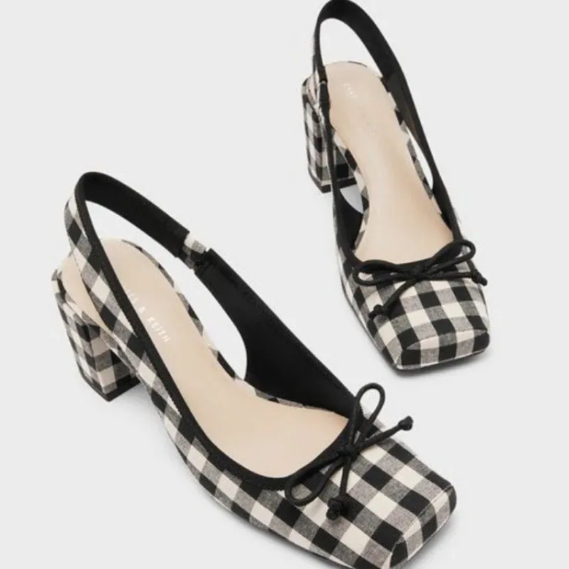 Women Chunky Heeled Sandals Retro Square Toe Mary Janes Pumps Shoes Slingbacks Spring Summer High Heels Baotou Plaid Shoes