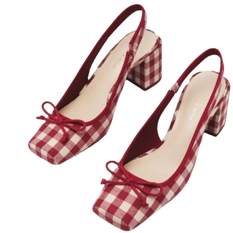 Women Chunky Heeled Sandals Retro Square Toe Mary Janes Pumps Shoes Slingbacks Spring Summer High Heels Baotou Plaid Shoes