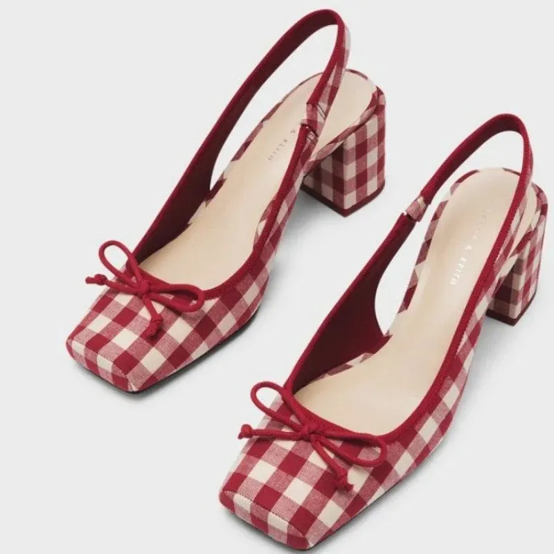 Women Chunky Heeled Sandals Retro Square Toe Mary Janes Pumps Shoes Slingbacks Spring Summer High Heels Baotou Plaid Shoes