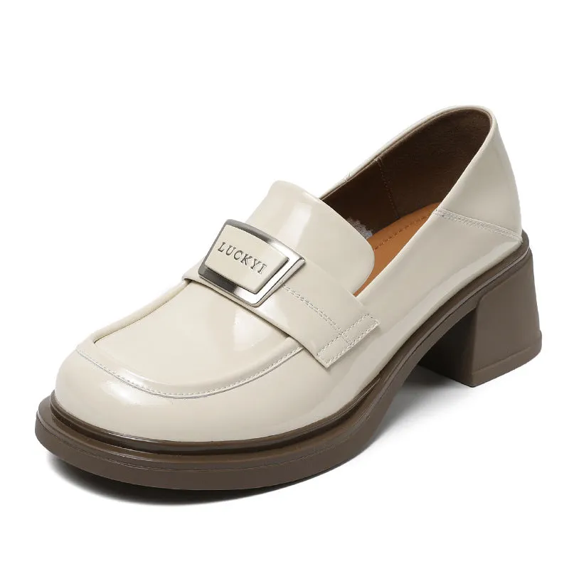 Women Glossy Leather Casual Chunky Heel Loafers