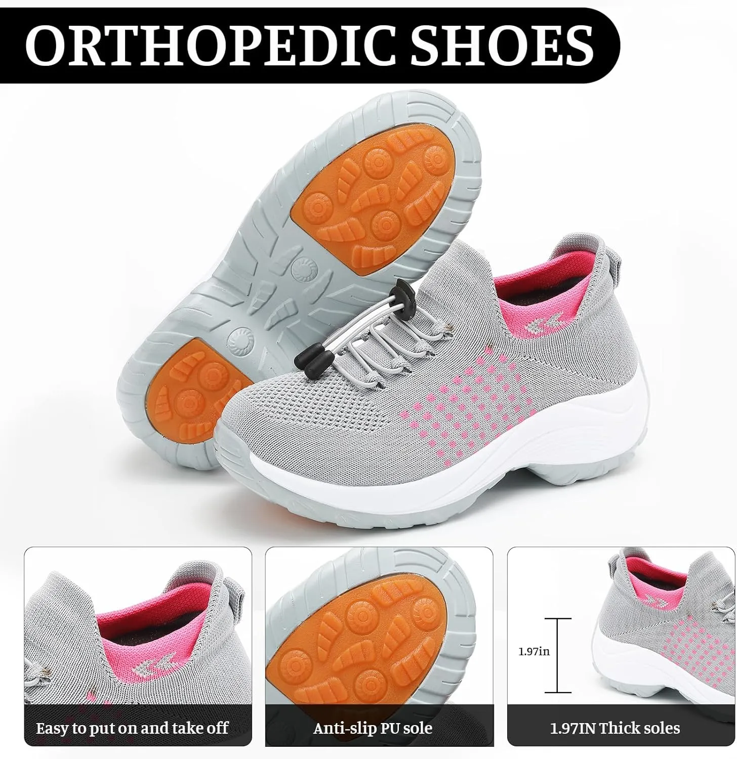 Women Orthopedic Sneakers Slip On for Walking, Breathable Comfortable, Thick Bottom Air Cushion, Non Slip for Gym, Casual Ladies Athletic Shoe