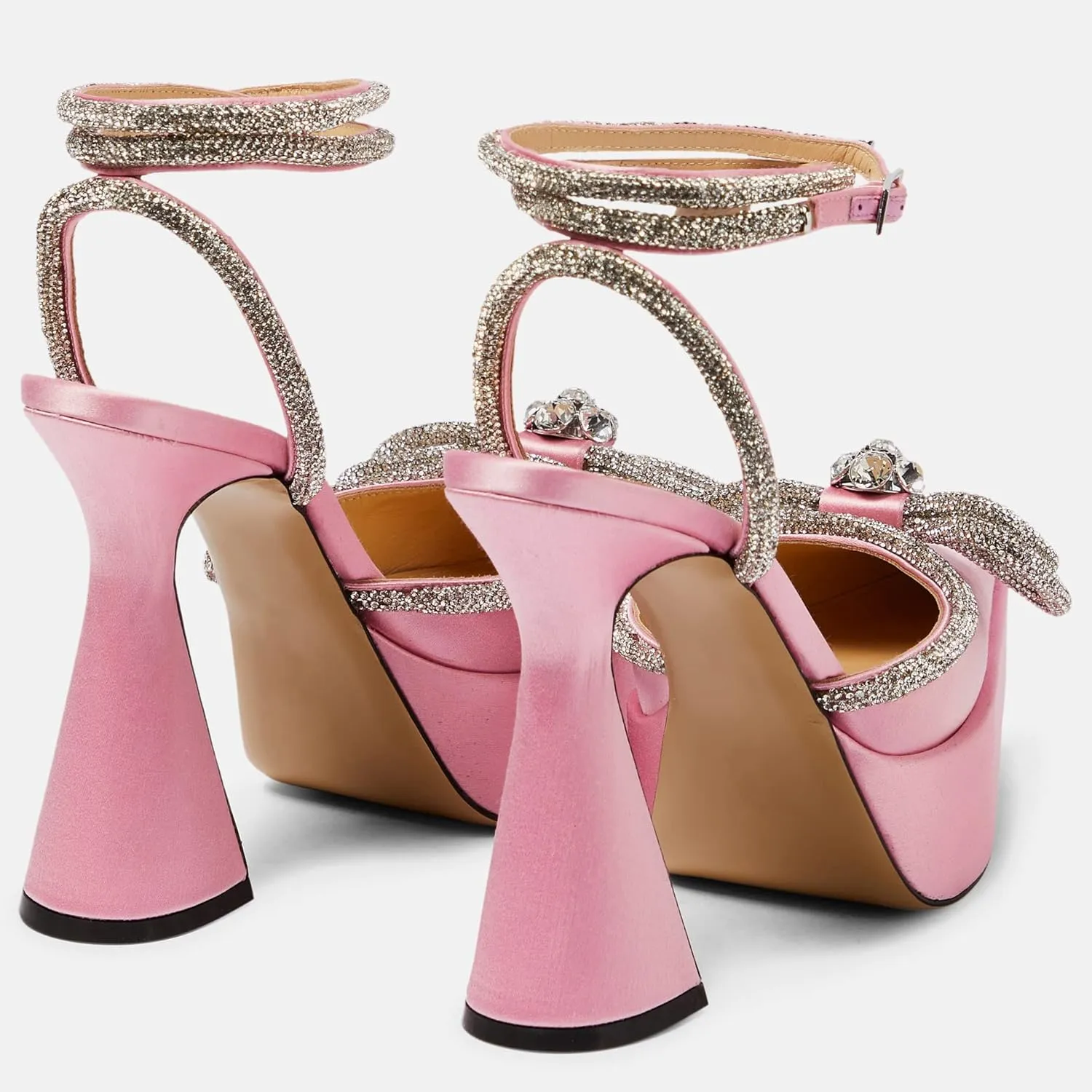 Women Platform Pumps Rhinestone Double Bow Chunky Heeled Sandals Crystal Embellished Ankle Strap Buckle Shoes Satin Pointed Toe Pumps Tapered Block Heel Dress Shoes for Women