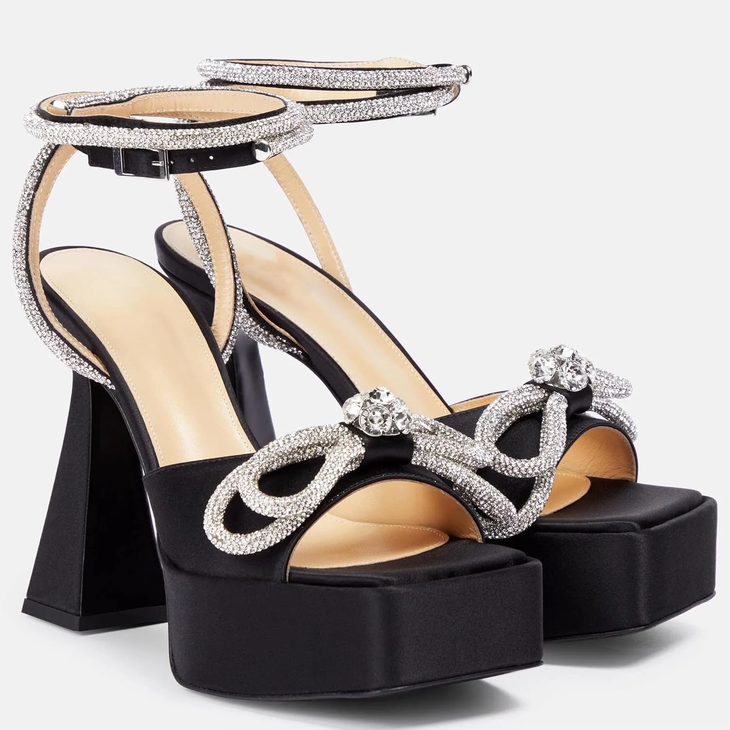 Women Platform Pumps Rhinestone Double Bow Chunky Heeled Sandals Crystal Embellished Ankle Strap Buckle Shoes Satin Pointed Toe Pumps Tapered Block Heel Dress Shoes for Women
