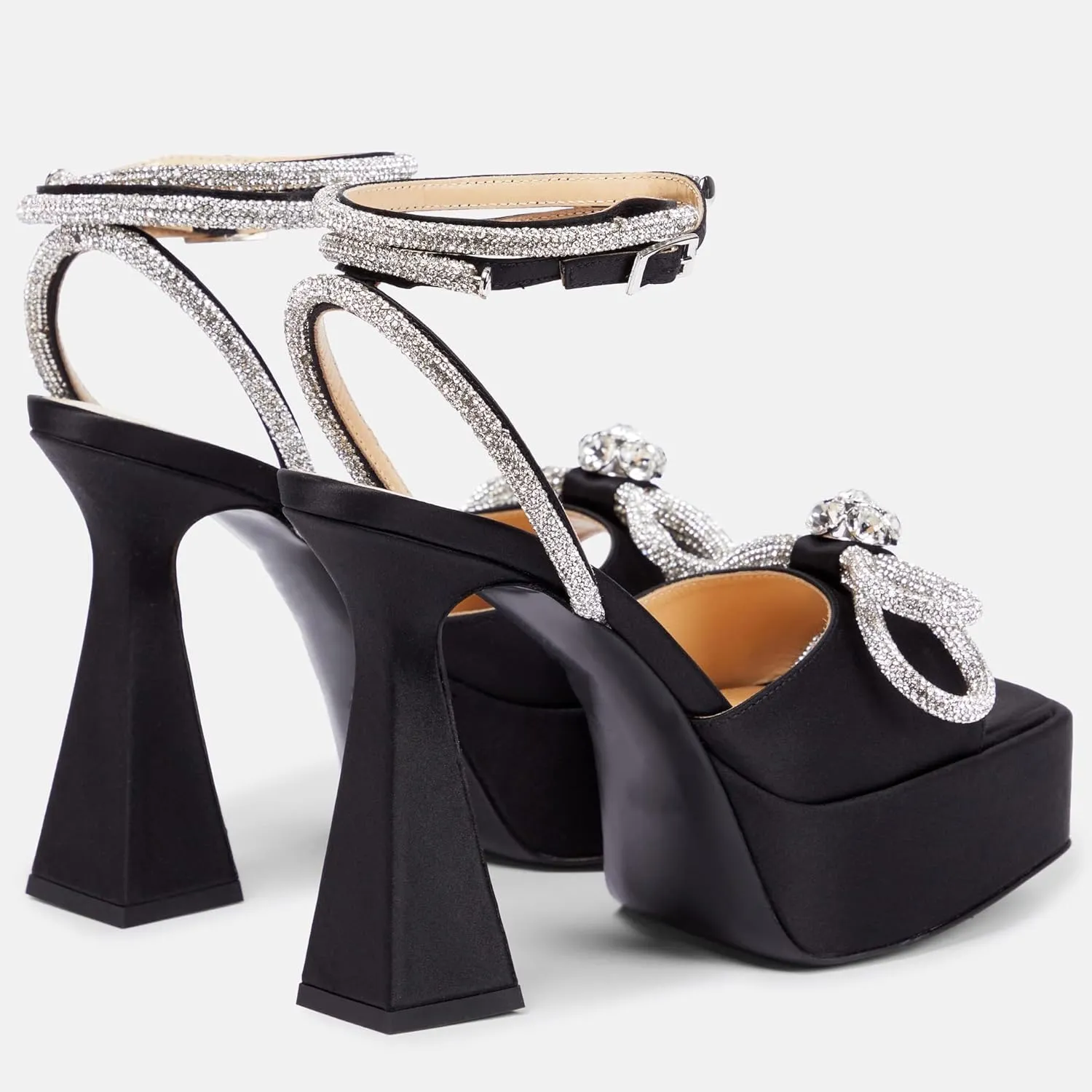 Women Platform Pumps Rhinestone Double Bow Chunky Heeled Sandals Crystal Embellished Ankle Strap Buckle Shoes Satin Pointed Toe Pumps Tapered Block Heel Dress Shoes for Women
