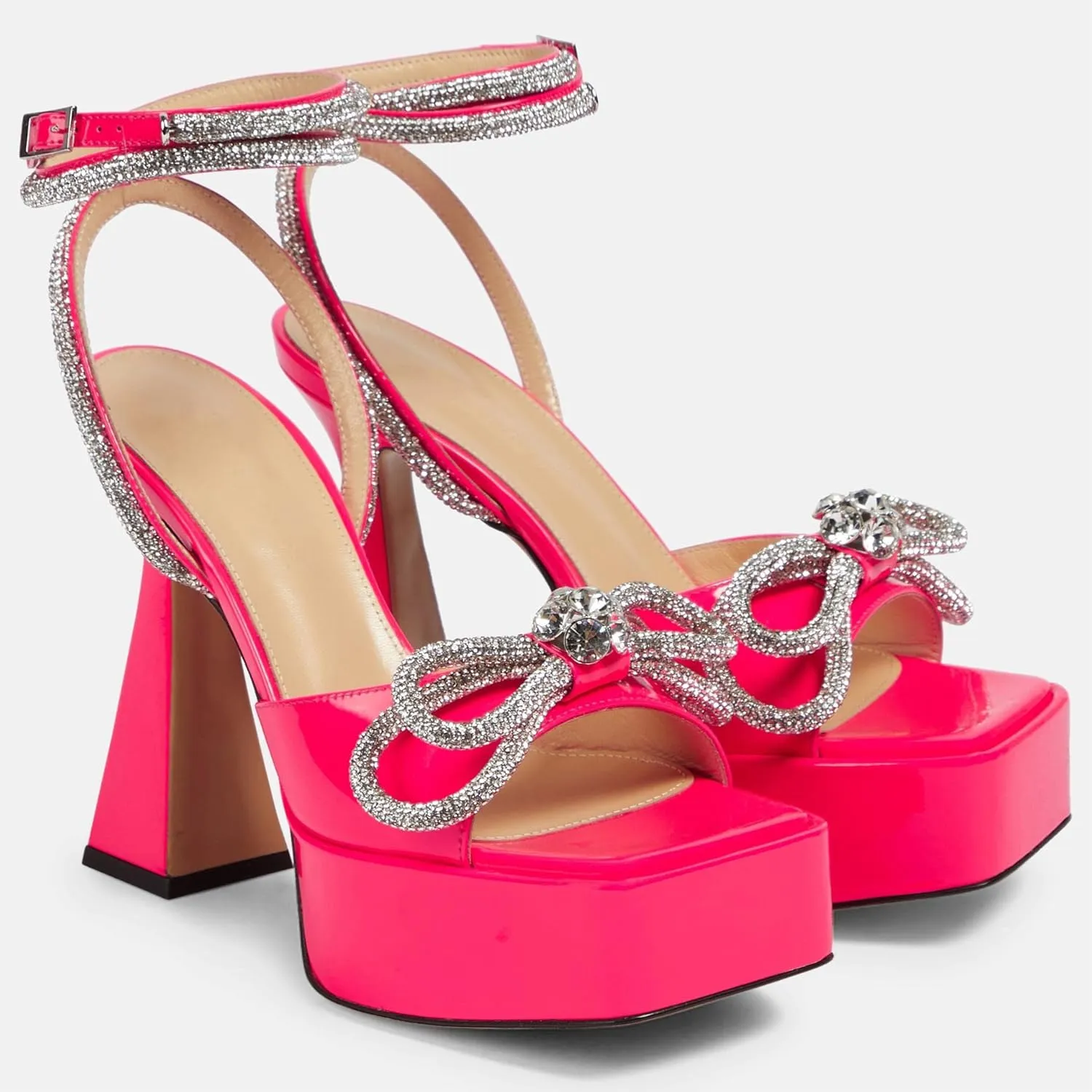 Women Platform Pumps Rhinestone Double Bow Chunky Heeled Sandals Crystal Embellished Ankle Strap Buckle Shoes Satin Pointed Toe Pumps Tapered Block Heel Dress Shoes for Women