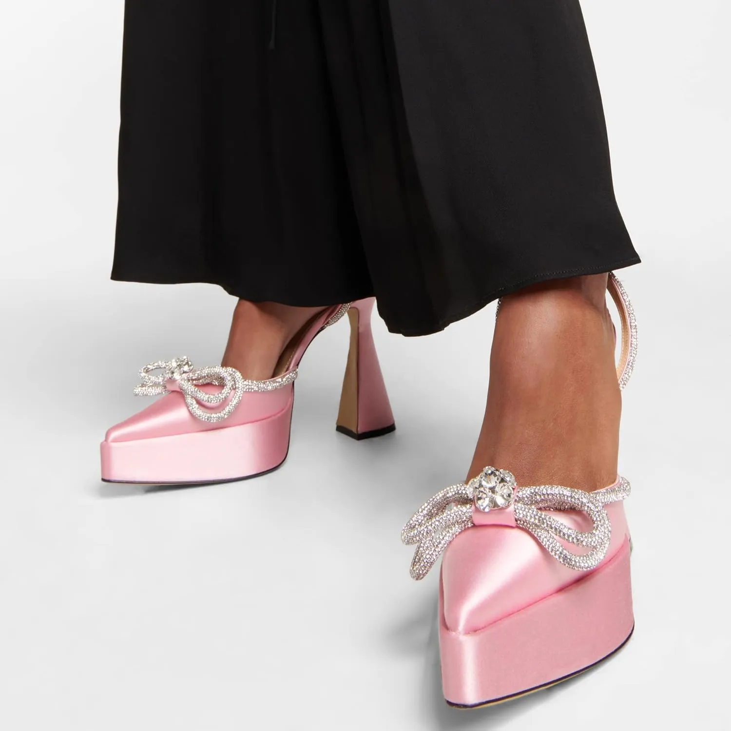 Women Platform Pumps Rhinestone Double Bow Chunky Heeled Sandals Crystal Embellished Ankle Strap Buckle Shoes Satin Pointed Toe Pumps Tapered Block Heel Dress Shoes for Women