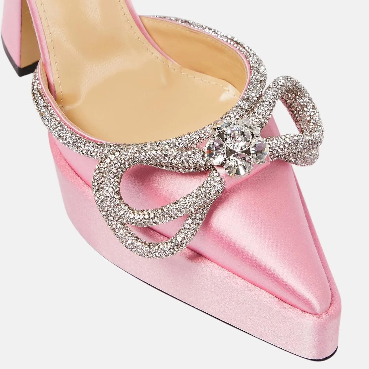 Women Platform Pumps Rhinestone Double Bow Chunky Heeled Sandals Crystal Embellished Ankle Strap Buckle Shoes Satin Pointed Toe Pumps Tapered Block Heel Dress Shoes for Women