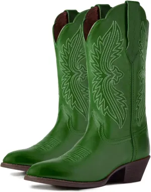 Women Vintage Embroidered Cowboy Boots Mid Calf Pointed Toe Knee High Western Boots Chunky Stacked Heel Pull On Mid Calf Cowgirl Boots V Cut Retro Casual Street Party 4-11 M US